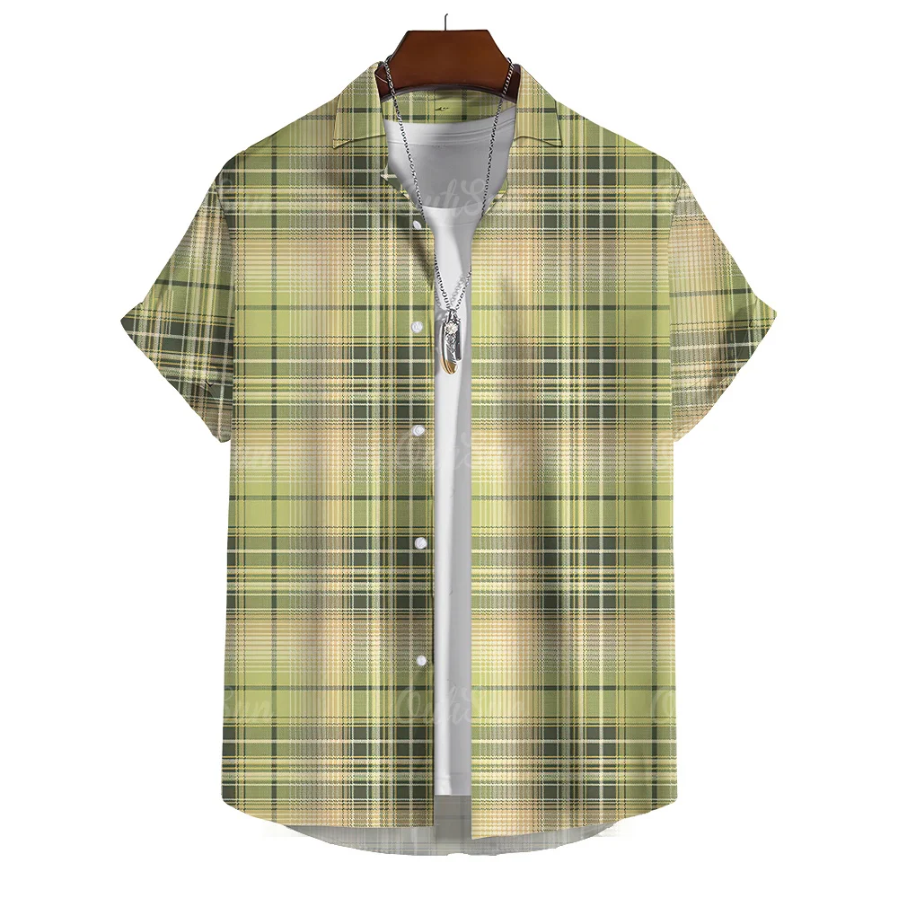 Hawaiian Casual Men's Shirt Plaid Print Short Sleeve Tops Fashion Lapel Shirt Oversized Male Clothing Travel Tees