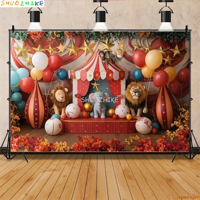 Tenda da circo con baldacchino a strisce Popcorn Fondali fotografici Palloncini Decorazioni per feste di compleanno Sfondo per studio fotografico per animali SD-05
