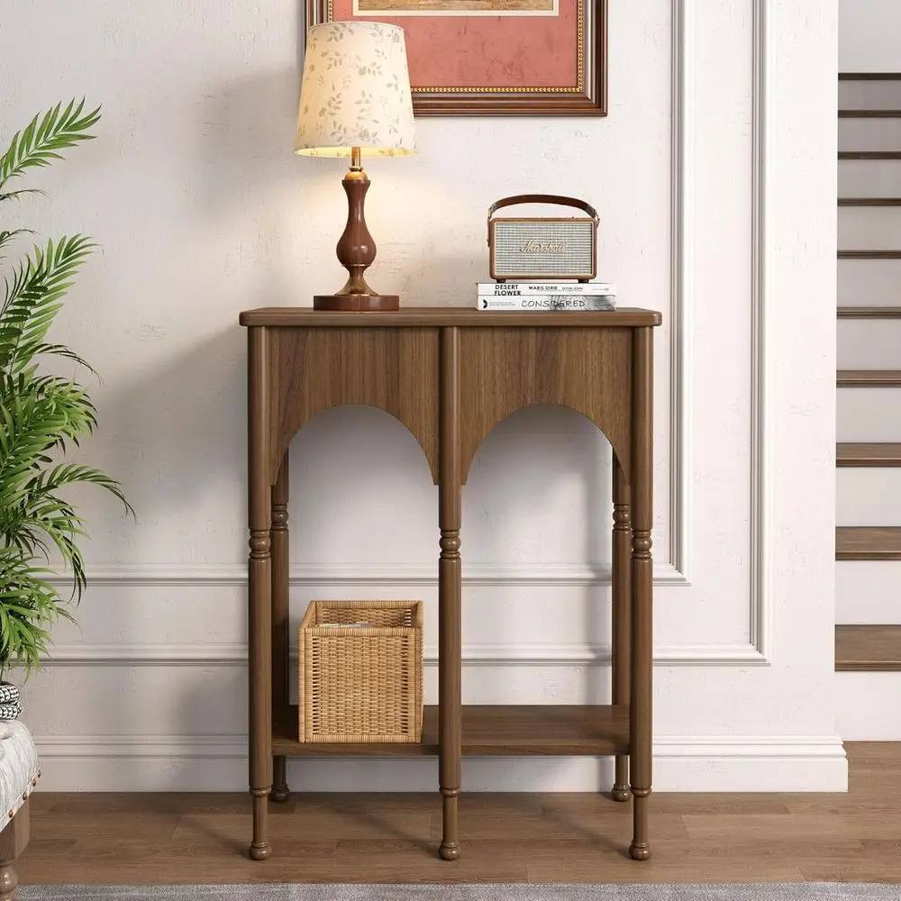 

28 Vintage 2-Tier Wooden Entry Table with Storage Shelves, Suitable for Living Room or Hallway, Brown