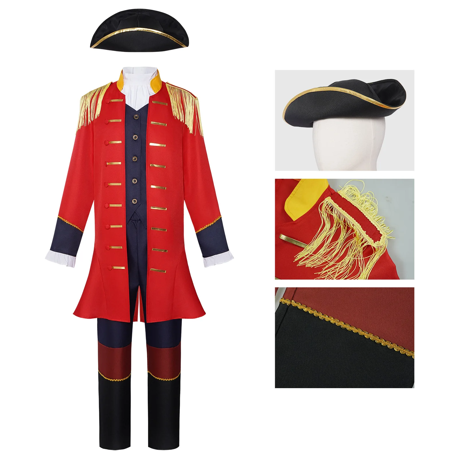 Men 18th Century Costume Red Tailcoat Outfit with Tricorn Hat for Halloween Carnival Party Fancy Dress Soldier Costume view 4