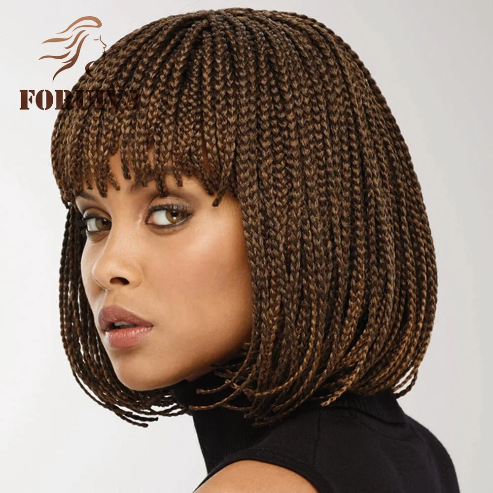 Foruiya Box Braid Wig Synthetic Short Bob Wig Box Braided Wig With Bangs Cornrow Braided Wig For Black Women 10 inches