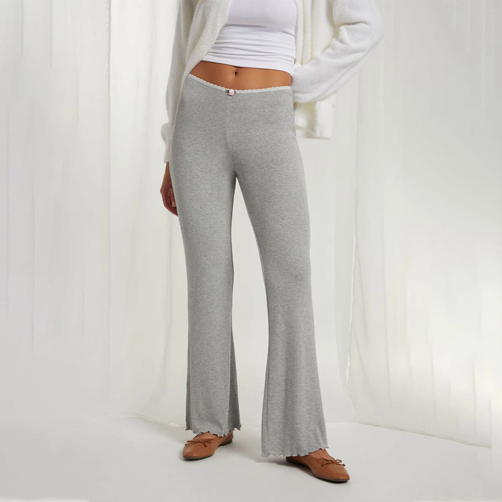 

Women’s Casual Flare Pants Mid Waist Solid Color Flare Pants Lettuce Trim Bell-Bottoms Trousers