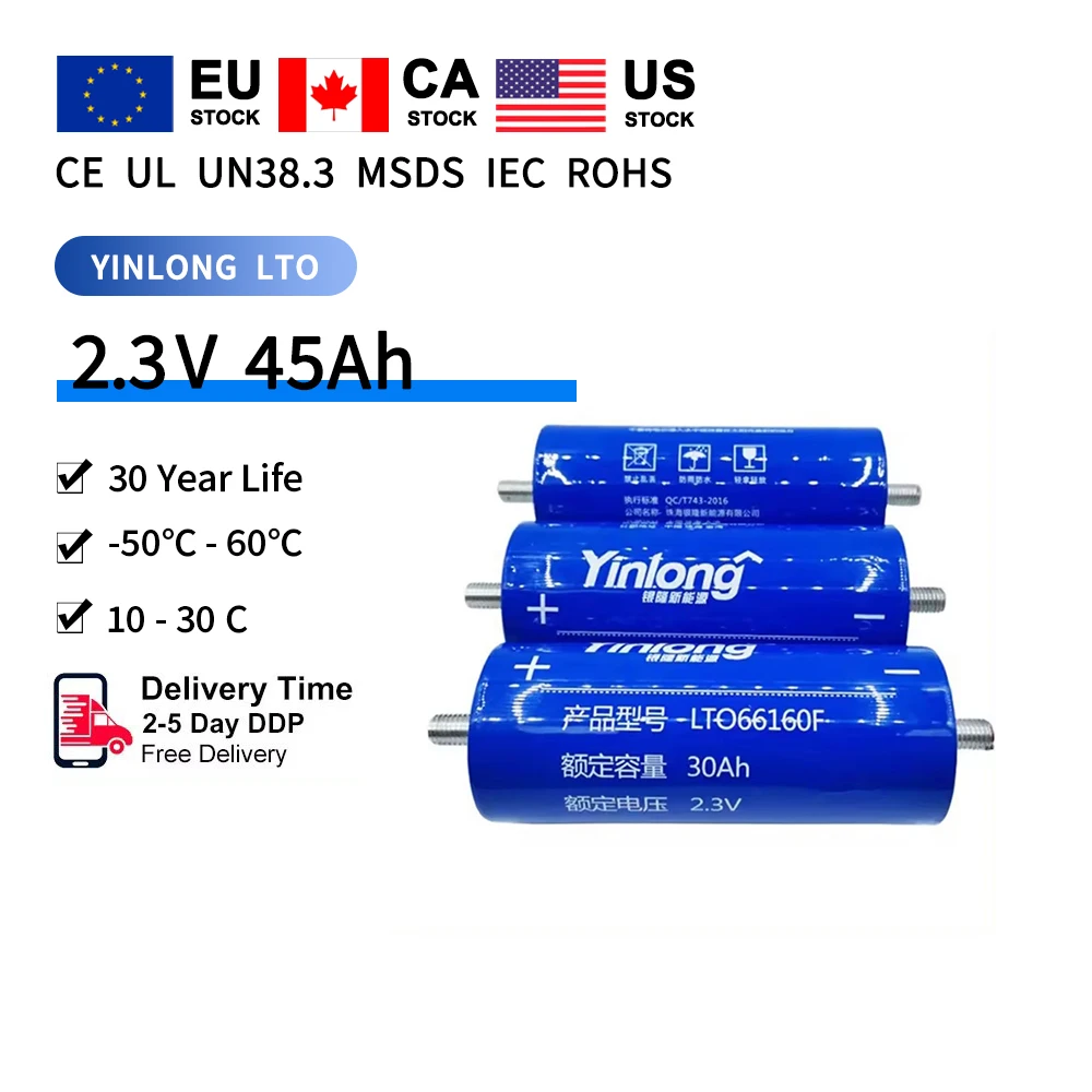 

6-36pcs 66160 Cylinder Lithium Titanate Battery 2.3V 45 Ah Yinlong Lto Battery 40Ah 45ah Cells