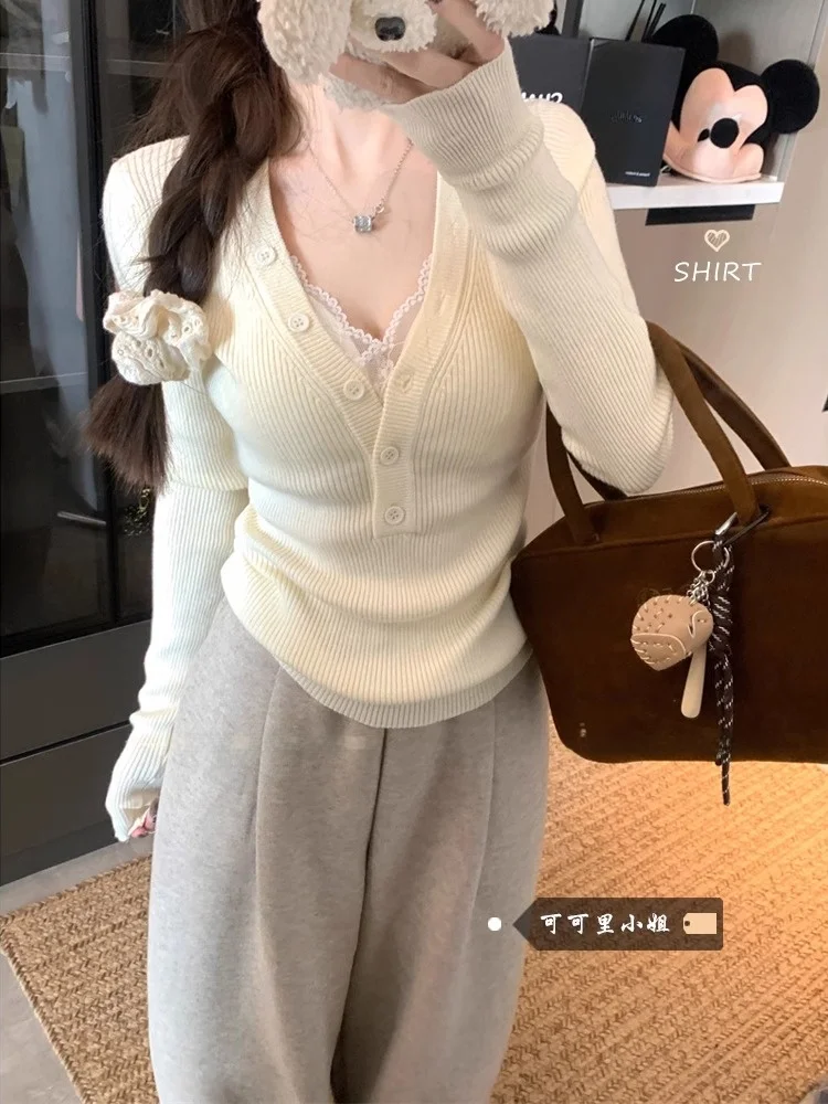 

Korean Sle V-Ne Elastic Long Sve Knitted Sweater Women's Slim Fit Base Layer Top Sweet And Spicy Inner Wear 2024 Autum...