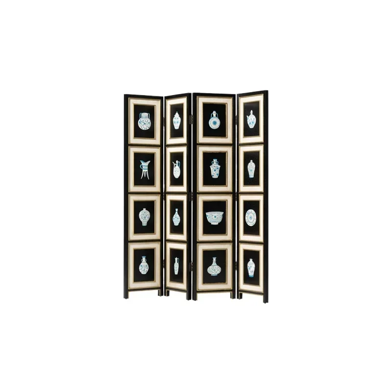 Safety porcelain/hand-painted golden bamboo four-fold lacquered wood screen partition