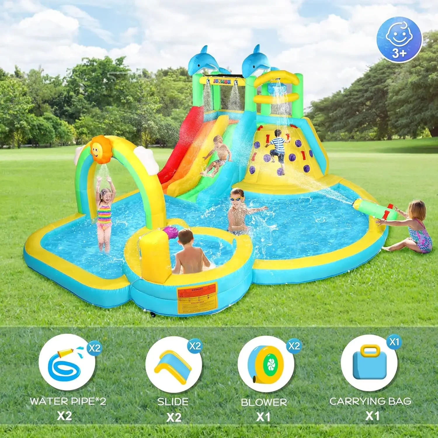 Inflatable Water Slide Bounce House w/Water Bucket, Climbing Wall, Pool, Rainbow Sprinklers, 1min Blow Up Water Slide 10-in-1 fo