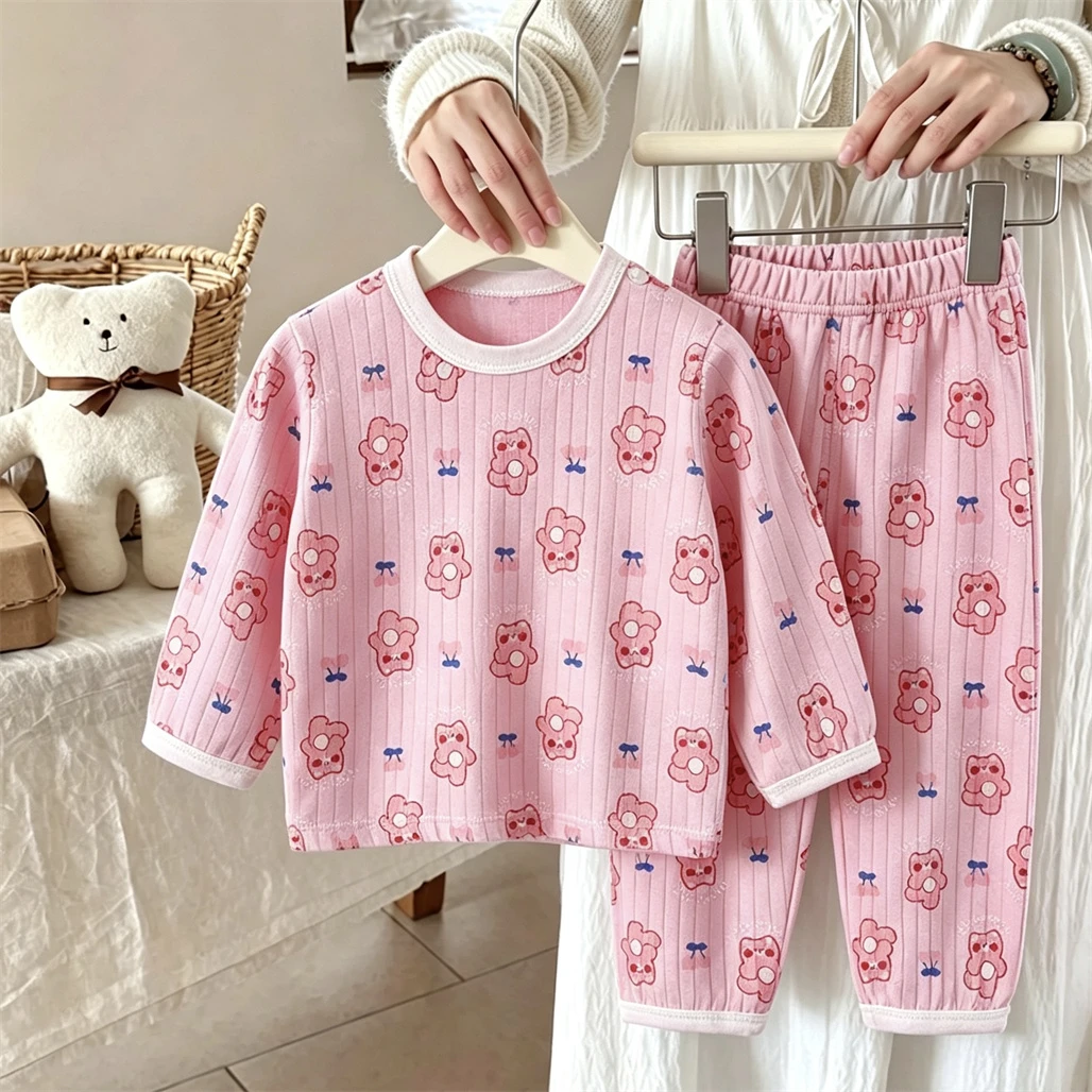 Child New Long-sleeved Outfits Full Print Home Clothing Round Neck Base Shirt Pajamas Pants Two Piece Set Baby Thin Outfits