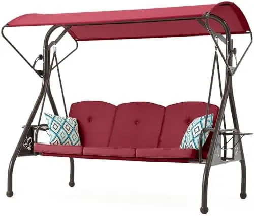 800LBS Patio Swing with Canopy 3 Seat Outdoor Porch Swing with Stand w/Cup Holder & Pillow Glider Chair Swing Bed for