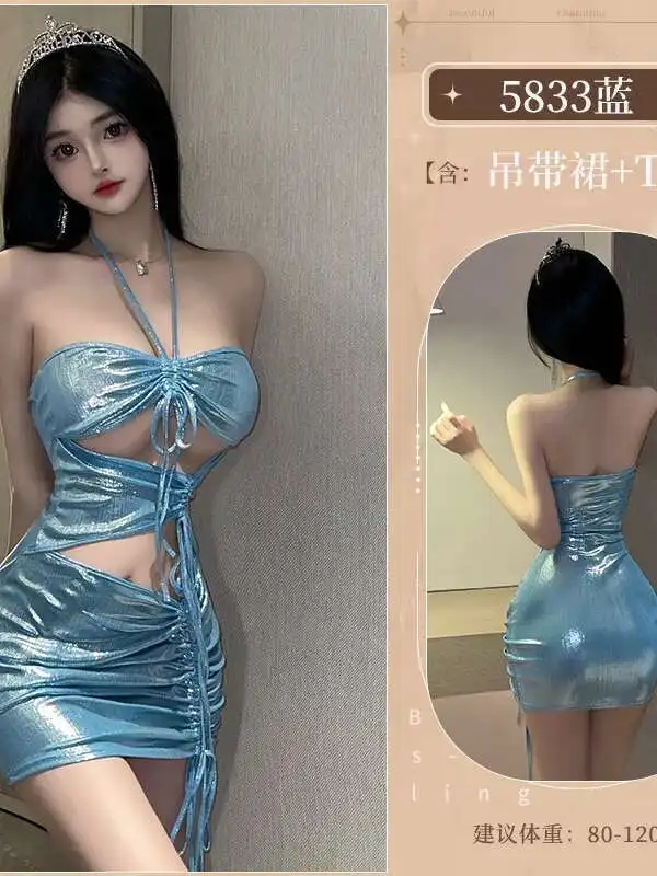 Womengaga ブルーセクシーなミニドレス不規則な包帯甘い韓国女性トップス 2024 新しい革のセクシーなドレスエレガントな QU8D