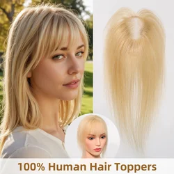 100% ผมมนุษย์ Toppers สีบลอนด์ตรงผมชิ้น Air Bangs คลิปในฐานลูกไม้ต่อผมสําหรับผู้หญิงสวมใส่ง่าย