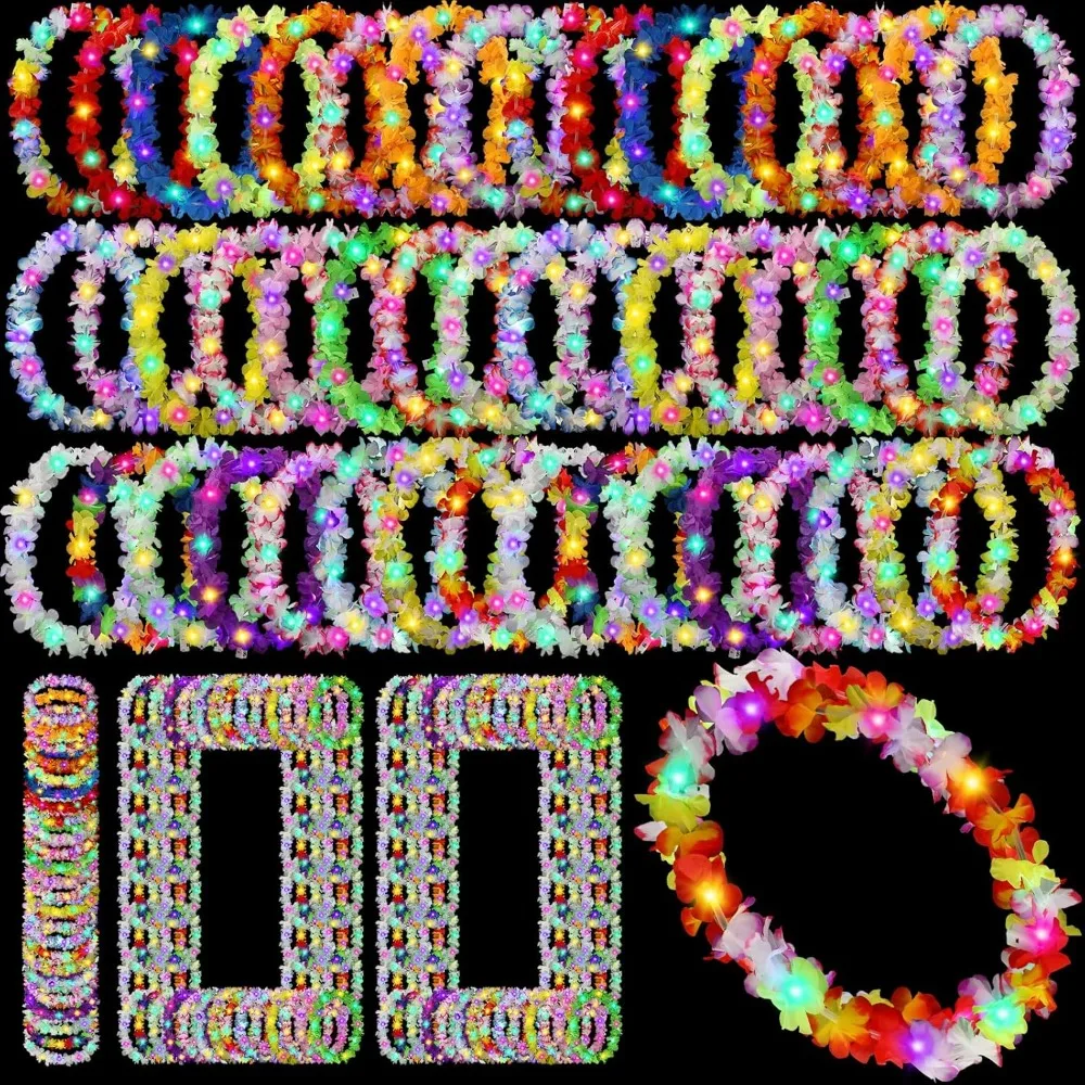 

100 Pcs LED Hawaiian Leis Bulk Light up Rainbow Luau Leis Christmas Necklace Flashing Patriotic Hawaiian Tropical Theme