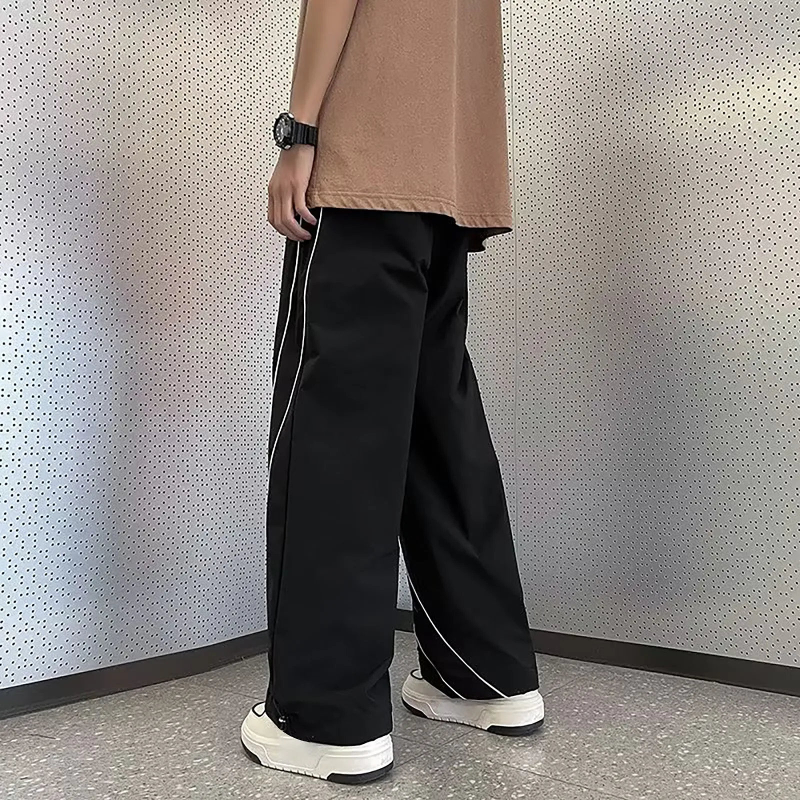 Y2K Cargo Pant Overalls Two White Line Black Pants New Harajuku Fashion Casual Loose Men Rock Straight Wide Leg Pants Streetwear