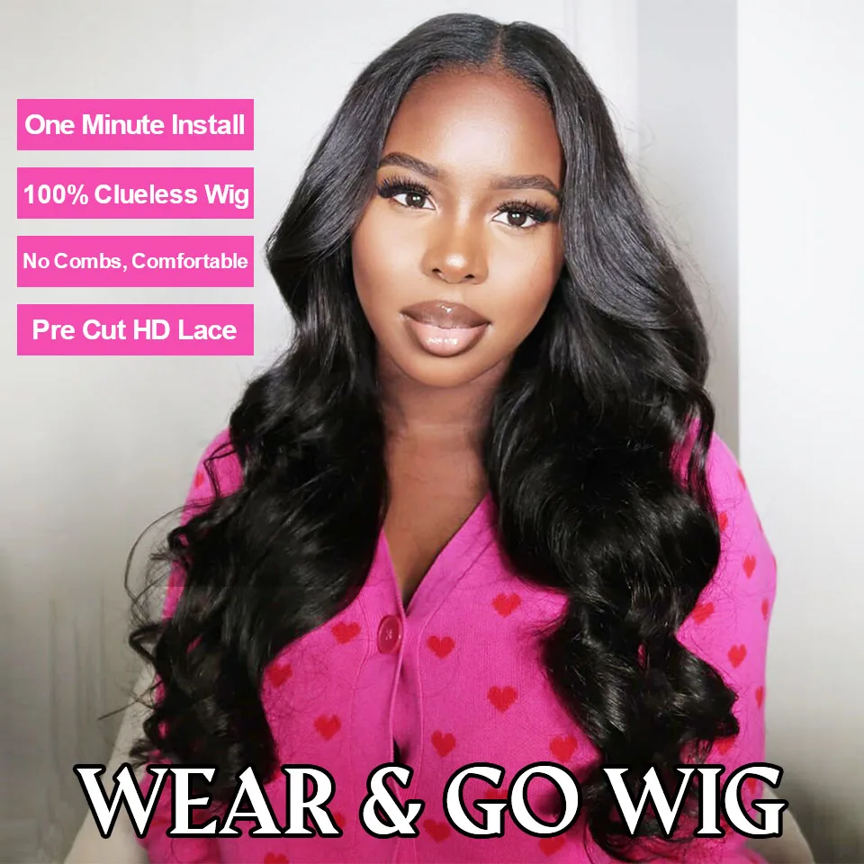 Wear Go Glueless Human Hair Wig Body Wave Lace Closure Wigs 180% Easy To Install Peruvian Body Wave PreCut Preblucked Lace Wig