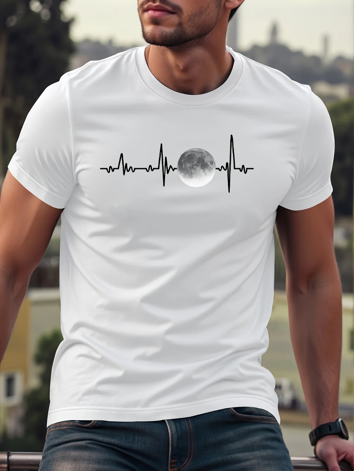 Men's Summer 100% Cotton ECG Moon Graphic Printed Fashion Casual Sports Loose Round Neck Short Sleeve T-shirt