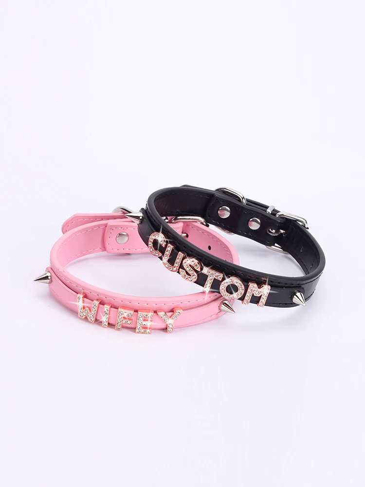 Harajuku Punk Gothic Sexy PU Leather Rivet Collar Choker Custom Necklace Rose Twinkling Rhinestone Letters Name Jewelry Cosplay