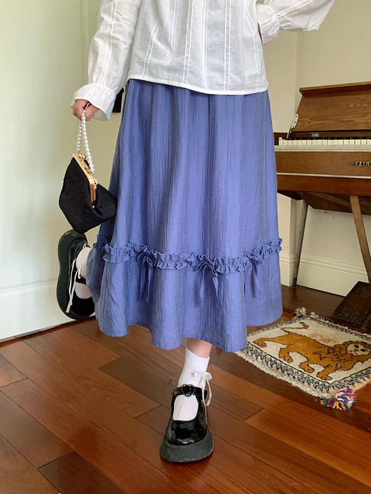 

Милая ретро-юбка А-силуэта средней длины с узлом, синяя, для женщин, весна-осень, из полиэстера, для повседневной носки