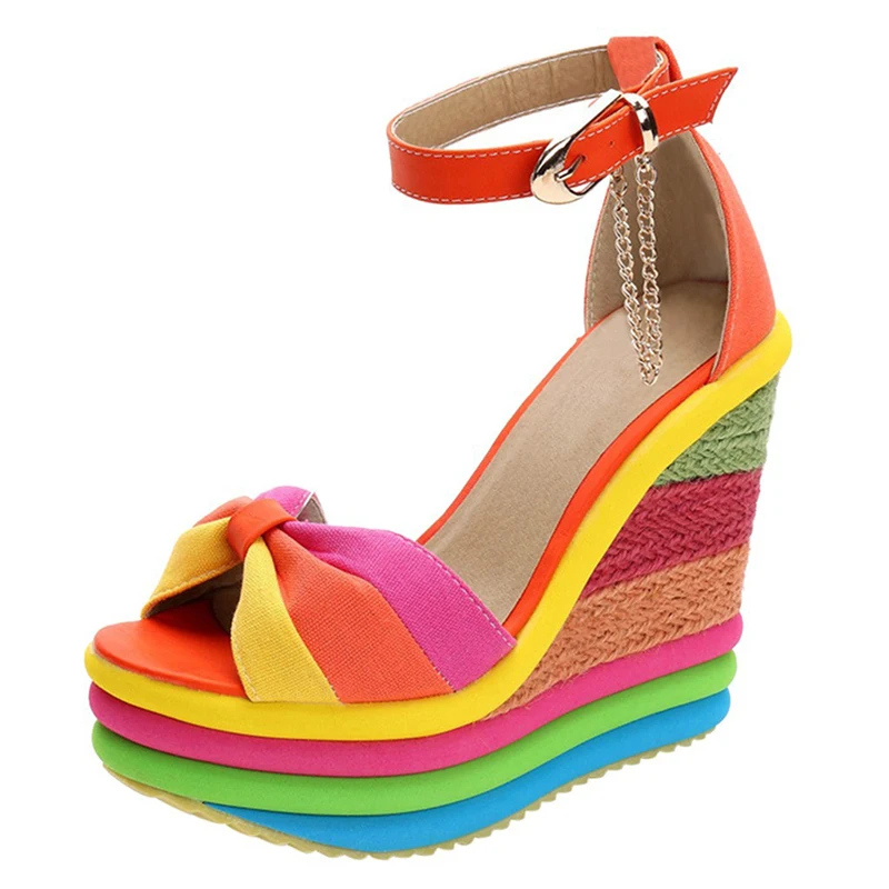 New Summer Sexy Bohemia Rainbow Peep Toe Platform Sandals For Womens Ladies Blue Denim Wedges Sandal