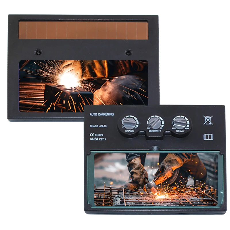 

Auto dimming Welded lens 4.3 "x 3.5" (approx 11 cm x 9 cm) Solar true-color filter with 2 curved sensors adjustable shading rang