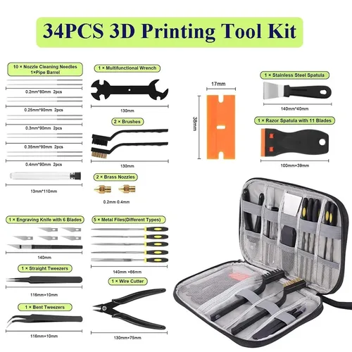 Imagen 2 del producto Kit de 34 Herramientas para Impresora 3D, Herramientas de Limpieza de Boquillas, Raspadores, Limas, Cepillos, Cortador de Alambre, Cuchillo de Grabado para Impresoras FDM/SLA