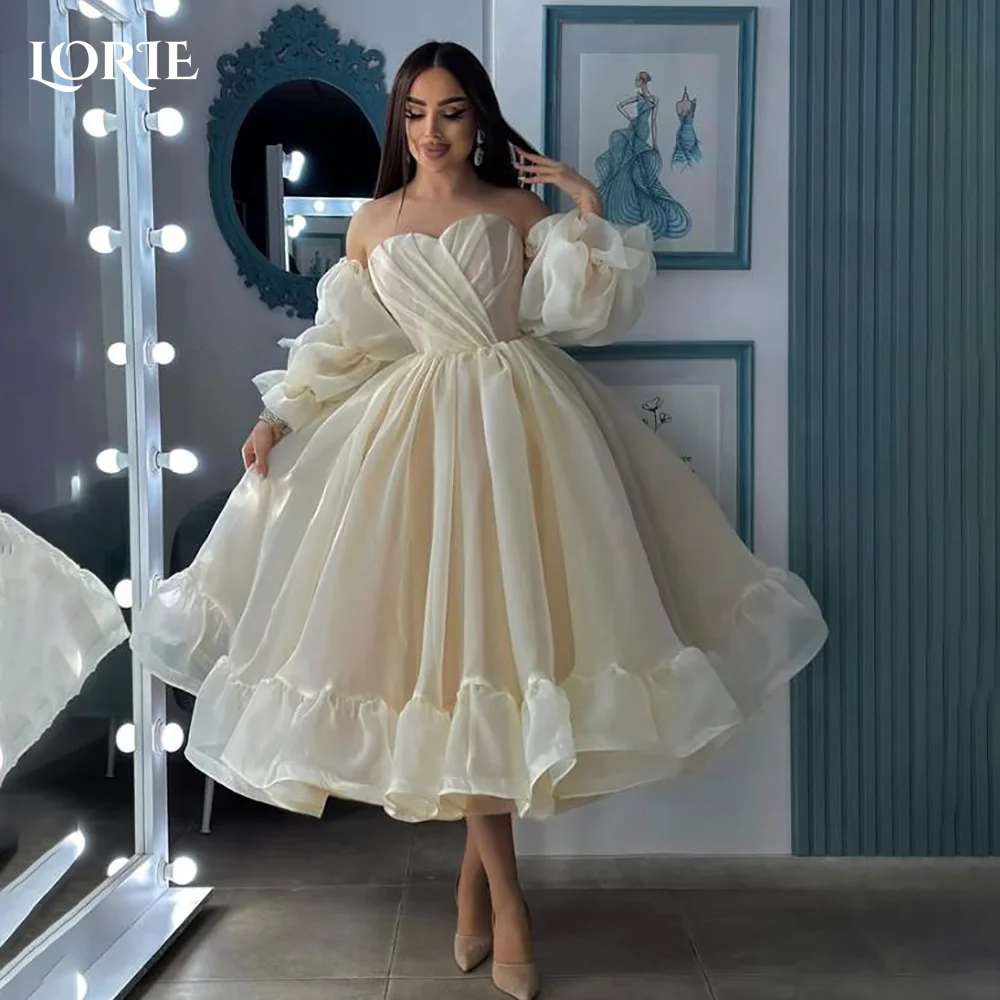 

LORIE Modest Ball Evening Dress Puff Sleeve Princess Prom Dresses Pleats Illsion Tea Leagth Champagne Party Gowns Customized2026