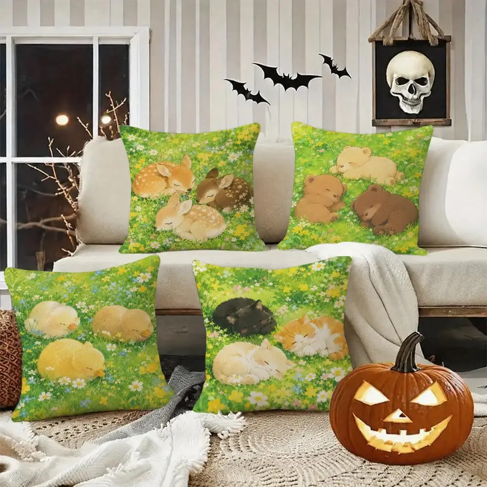 Animal Lover Halloween Gift Cushion Cover Halloween Rustic Throw Pillow Covers, Cute Ghost Pumpkin Maple Leaf Cushion Covers
