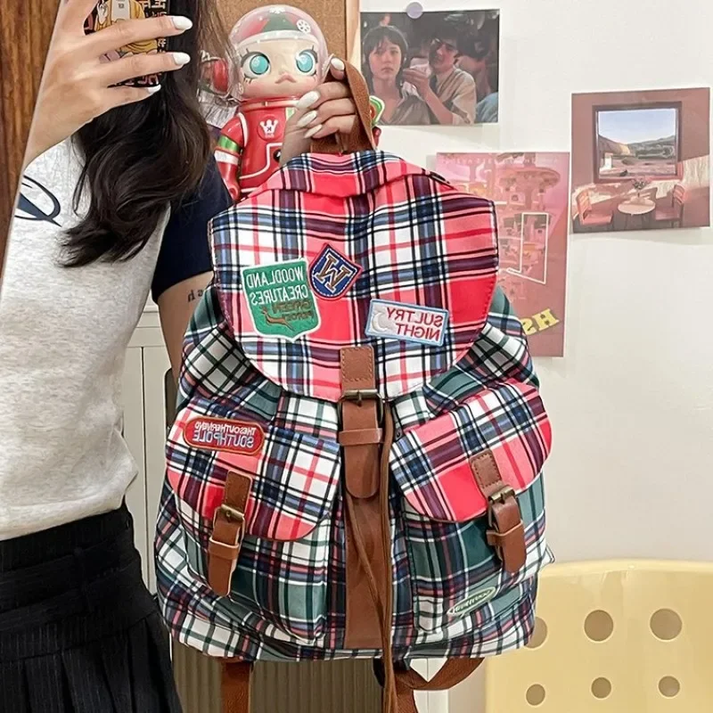 HAEX Vintage Women Backpacks Large Capacity Aesthetic Plaid Punk Mochilas Para Mujer Casual Students Daily Commute Bag Female