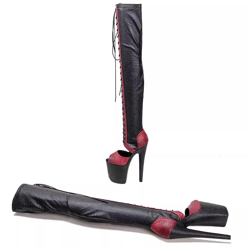 Nieuwe 20Cm/8Inch Pu Upper Moderne Sexy Nachtclub Paaldansschoenen Hoge Hak Platform Dames Over De Knie Laarzen 336