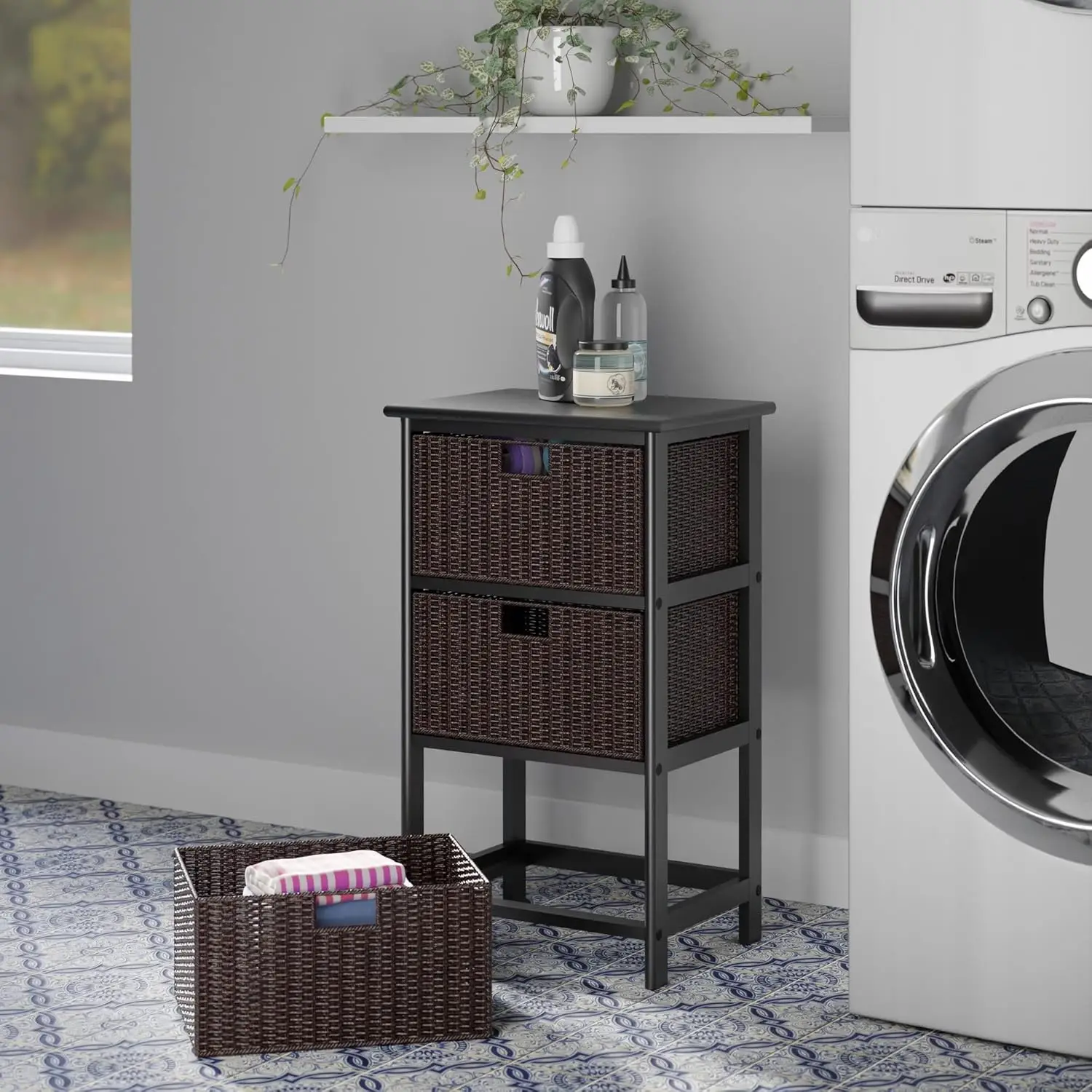 Space-Saving Black Storage Rack with 3 Baskets, Organize Home or Office Efficiently