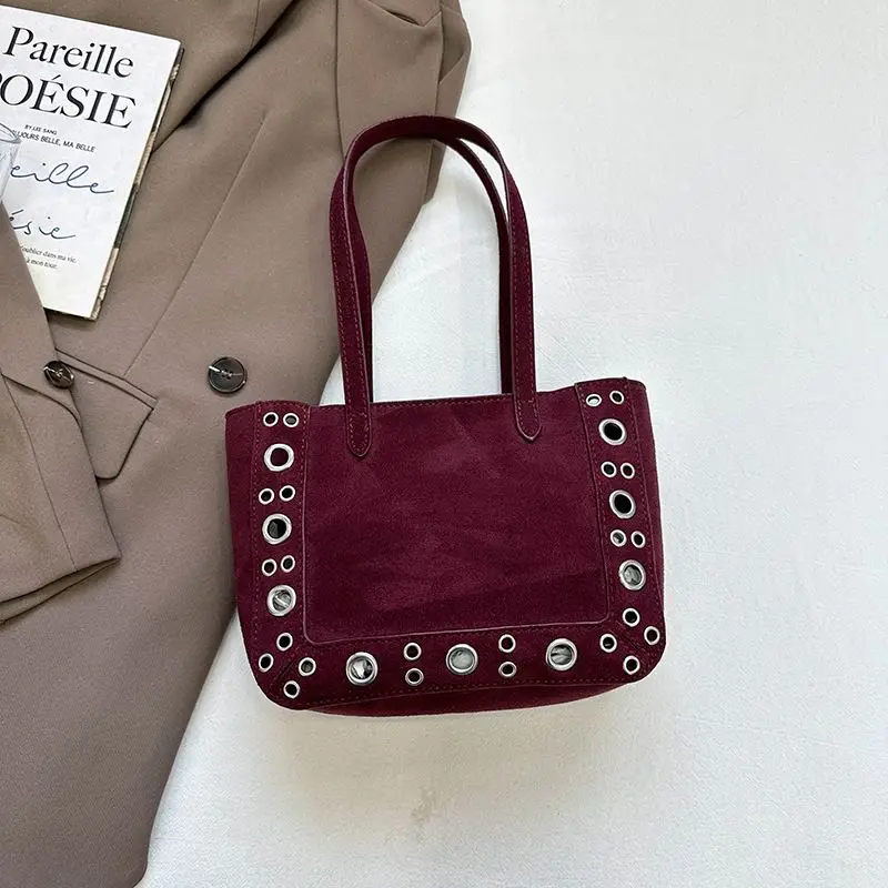 Khaki Brown Black Red Vintage Suede Shoulder Bag Metal Studs Rivet Decor Handle Small Tote Handbag Purse Phone Commute for Women