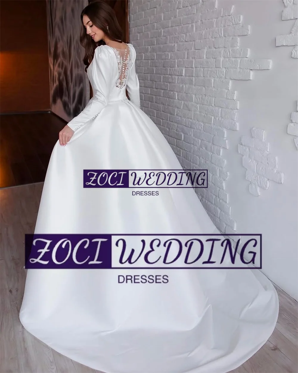 Zoci Modest Long Sleeves Wedding Dresses A Line Satin Square Neck Bride Dress Customized Backless Saudi Dubai Lace Bride Dress