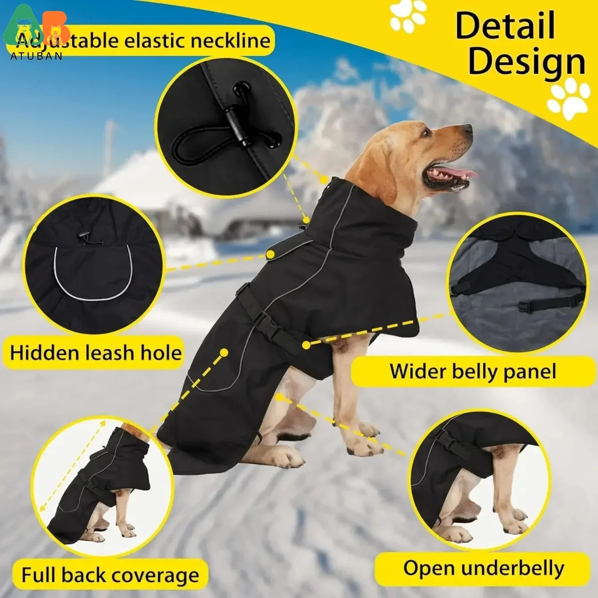 ATUBAN Dog Jacket Waterproof Dog Raincoat Cold Weather Reflective Jacket with Soft Fleece Lining Warm Outerwear for Pet Outdoors