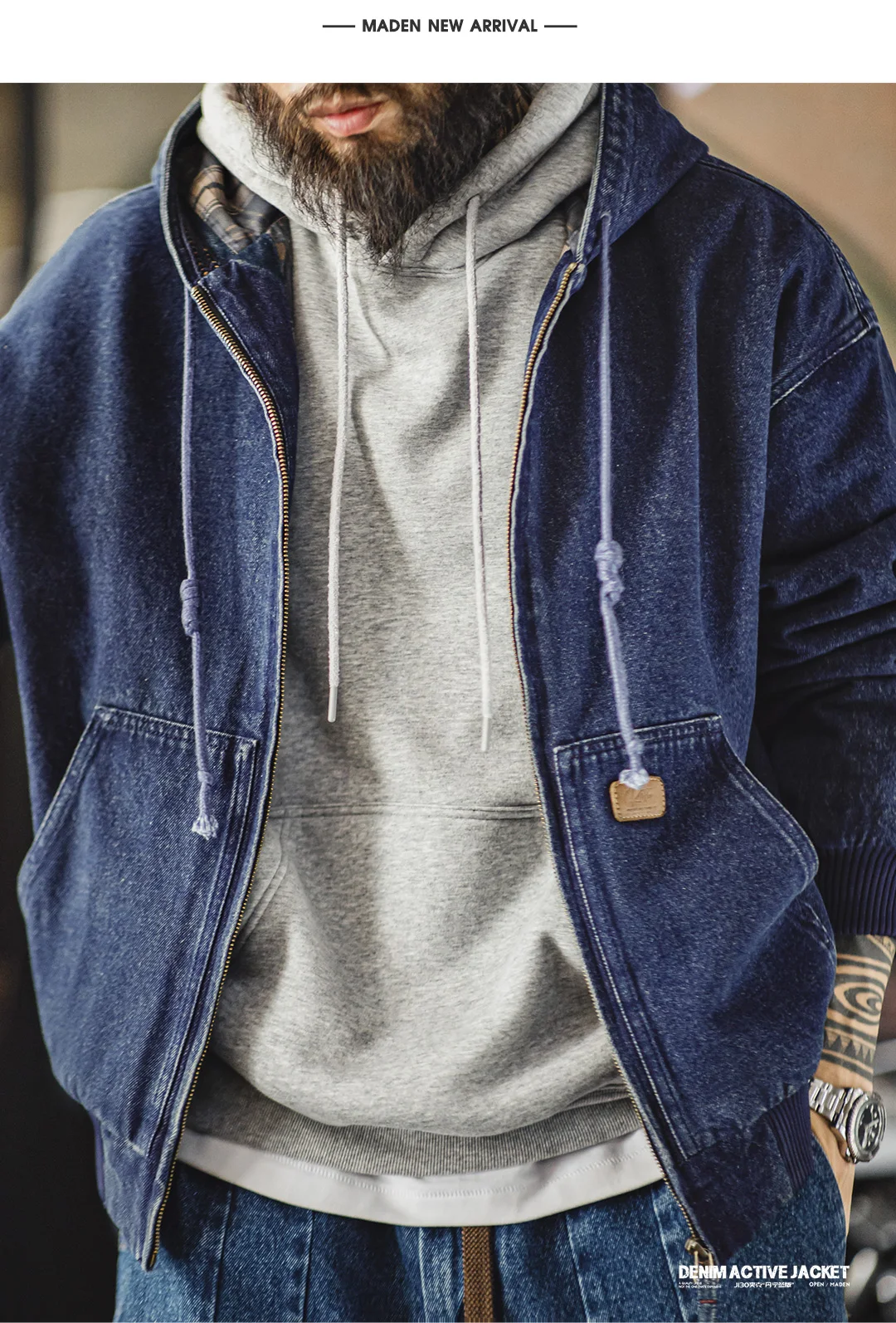 Maden Retro Men's J130 10.5oz Denim Jacket Heavyweight Washed Aged Hooded Jacket Zipper Work Coat with Large Pockets for Fall 30