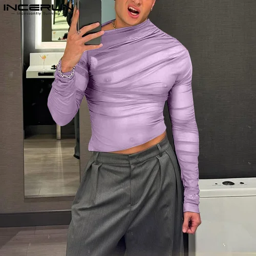 Imagen 2 del producto INCERUN Tops estilo americano moda hombres perspectiva deconstrucción camisetas Sexy plisado un solo hombro Camiseta de manga larga