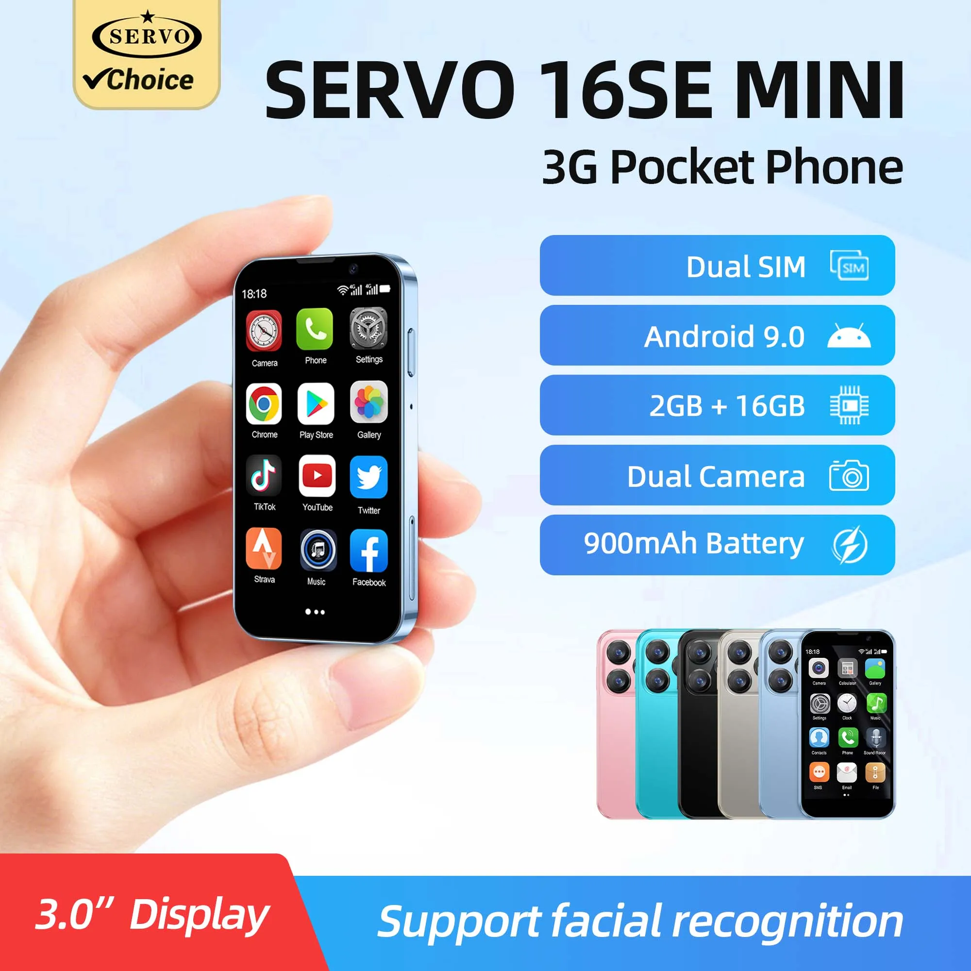 SERVO 16SE Ultra Mini Pocket Smartphone 16GB ROM 3G WCDMA Android 9.0 WiFi Dual SIM Face Unlock Play Store 3.0" Screen Cellphone