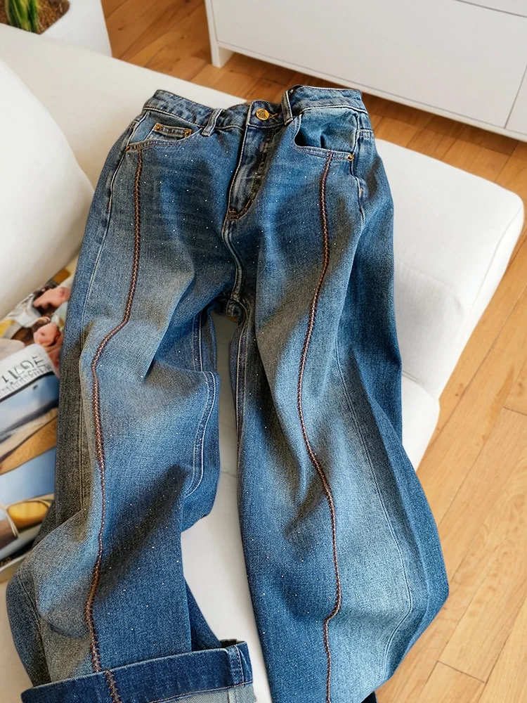 Męskie luźne jeansy w stylu retro American Heavy Du, zdobione dżetami, niebieskie, z wysokim stanem, dopasowane, proste nogawki, casualowe spodnie dżinsowe.