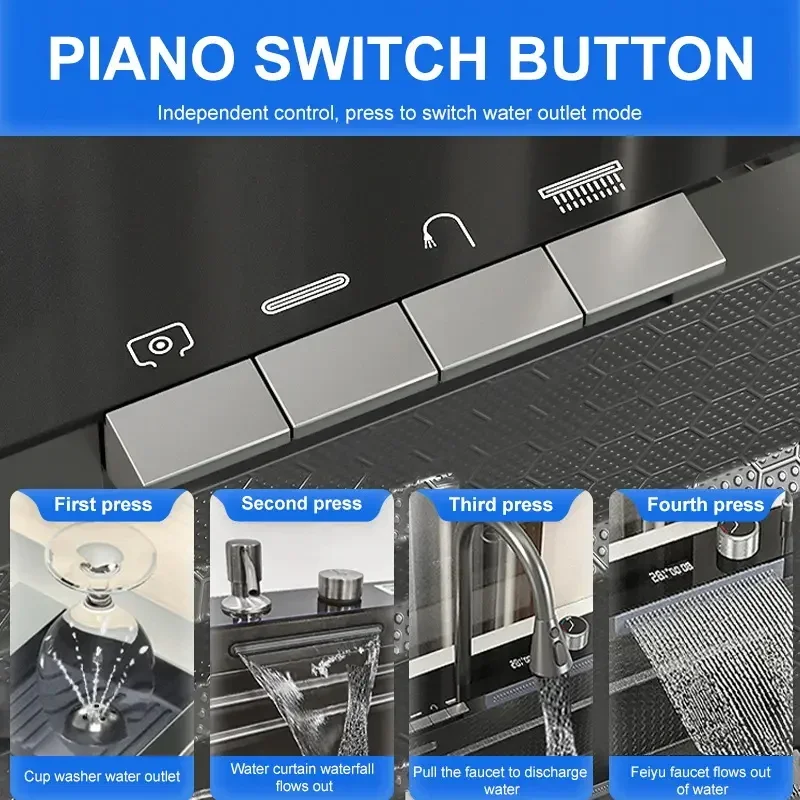 Luxury Hidden Black Modern Kitchen Sinks Multifunction Sink Kitchen Waterfall 304 Stainless Steel Smart Kitchen Sinks