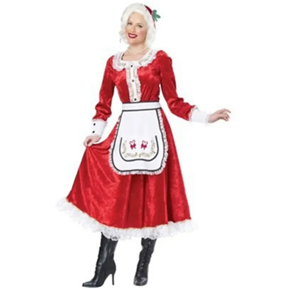 

Adult Christmas Costume Women's Ms. Santa Claus Adult Costume Holiday Mrs Claus Lace Velvet Pinafore Dress
