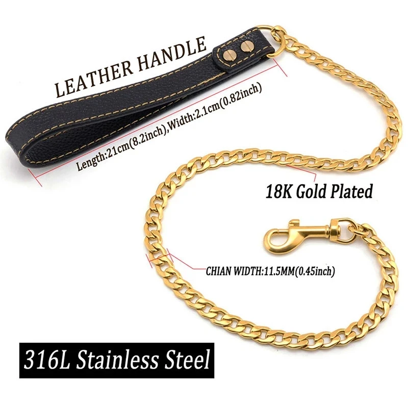 Golden Dog Leash with Collar Suit, Cuban Link Chain, Stainless Steel Pet Dog Safety Leash with PU Leather Handle, 18K Gold