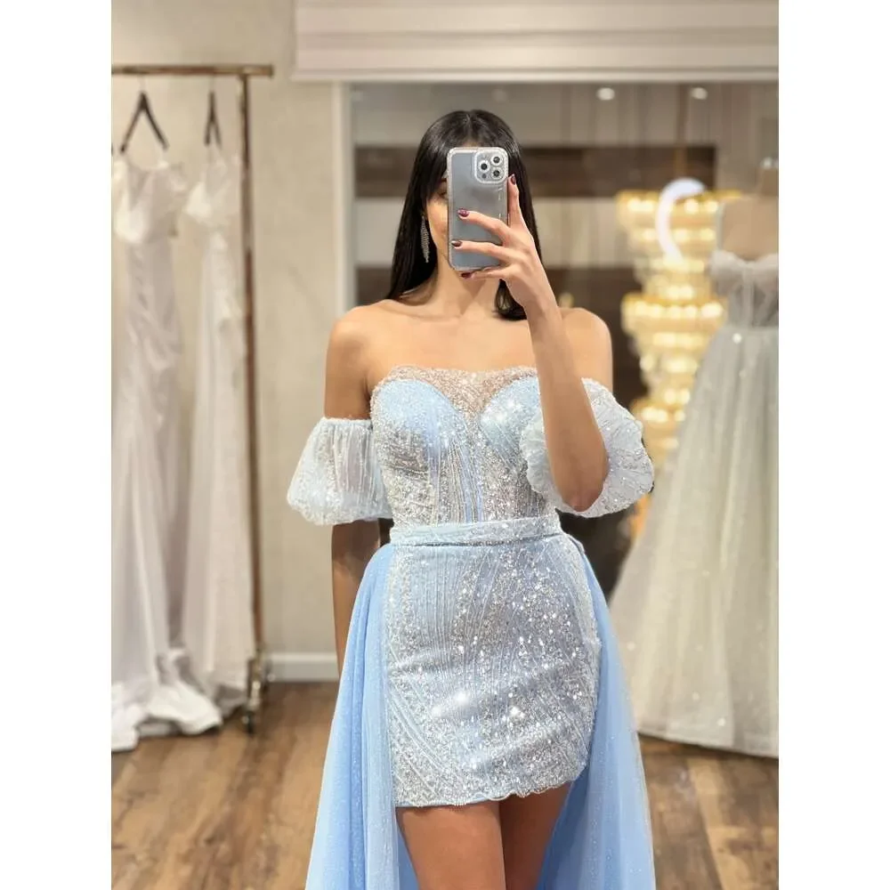 

Customized Mini Short Sparkling Chiffon Lace Cocktail Party Dress And Detachable Train Backless Sexy Formal Party Evening Dress