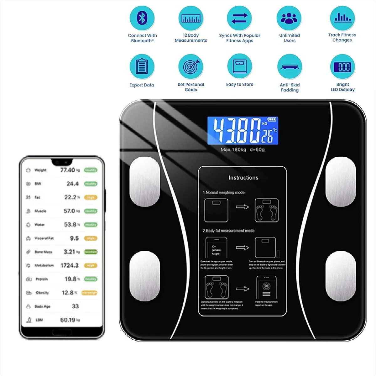 Body Fat Scale Rechargeable Large Display Household Scale Smart Wireless Digital Bathroom Weight Scale With Smartphone App