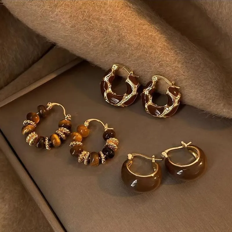 

Maillard Style Coffee Stone Huggie Hoops,Vintage Gold Plated Earrings with Latch Closure,Winter Elegant Jewelry Gift for Women