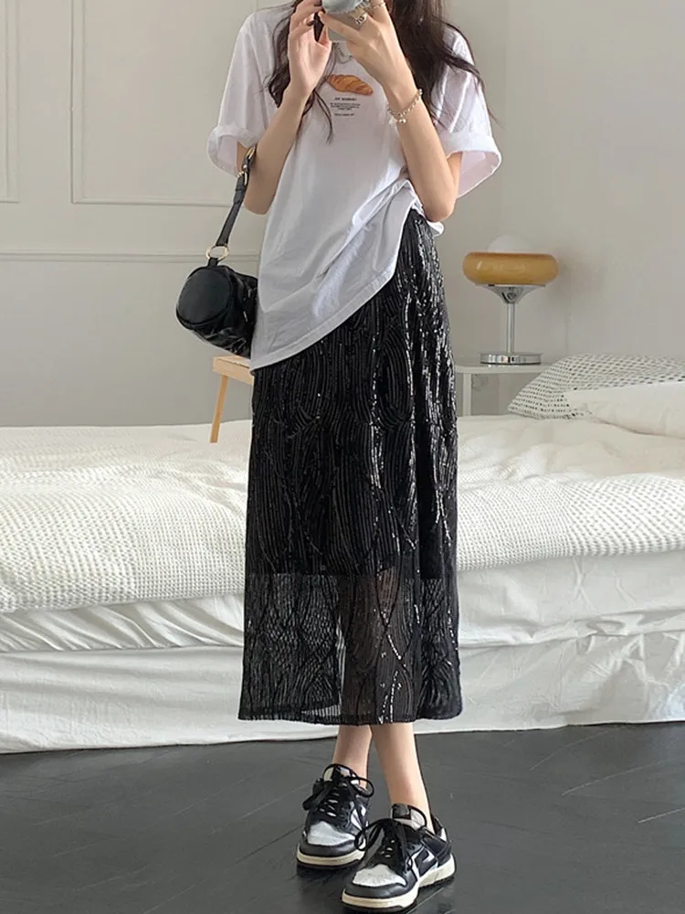 iny Sequin f-length Skirt Women's Mid-length High-waist Straight-cut Bodycon Skirt Hip-concealing Split Skirt Commute Sle