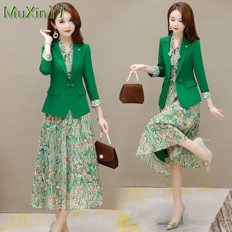 2022 Spring Autumn New Suit Jacket Dress Two-piece Women\'s Elegant Blazers Floral Long Skirt Set Female Office Professional Wear