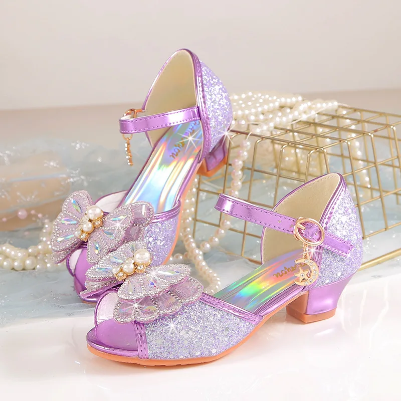 Zapatos de princesa para niñas, Sandalias de tacón alto con lazo de perlas, de cristal, para verano