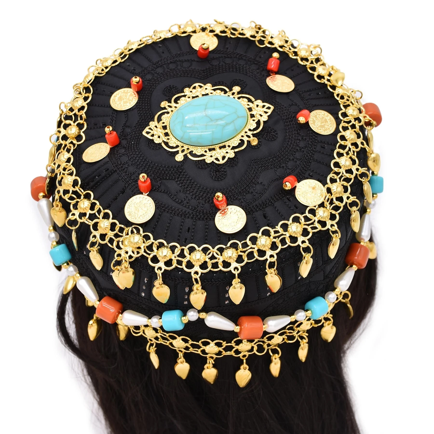 Style Women Cap Hair Jewelry Hat  turquoise Red Crystal Long Tassel Bohemian Ethnic Statement Headband for Women Accessories