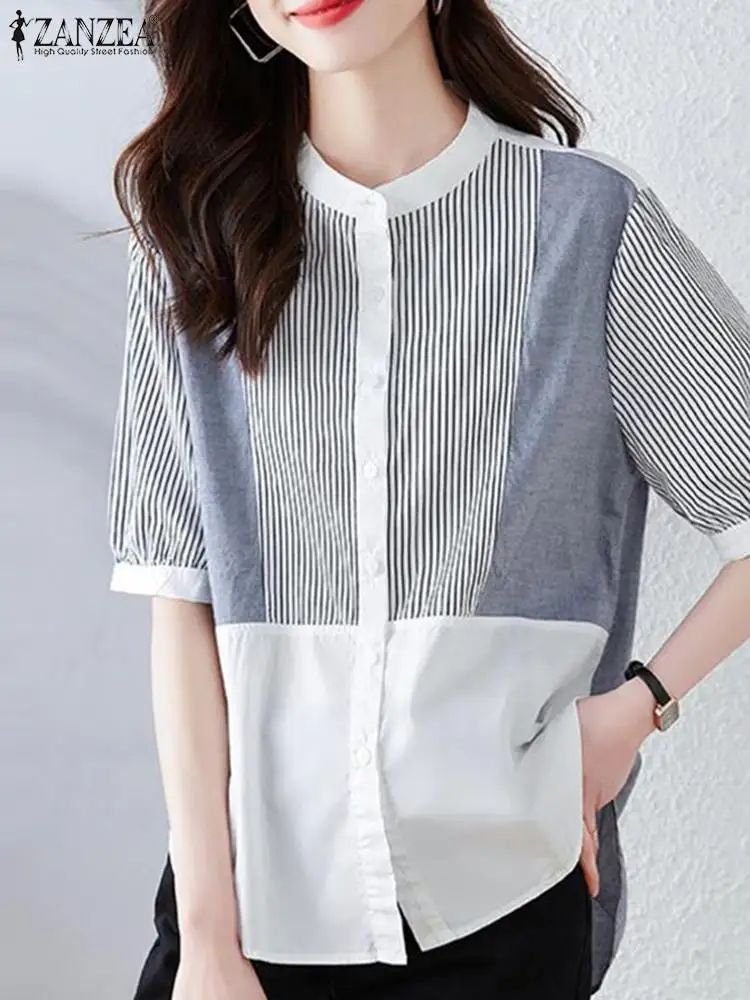 

ZANZEA Harajuku Stripes Shirt Women Korean Patchwork Half Sleeve Blouse Tops 2024 Summer Fashion Buttons Tunic All-match Blouse