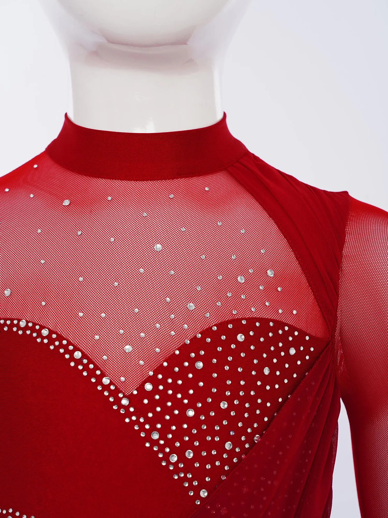 6-16Y الفتيات الشكل التزلج الحديثة الغنائية الرقص الجمباز رداء رقص الباليه فستان طويل الأكمام حجر الراين بقماش شفاف Dancewear #5