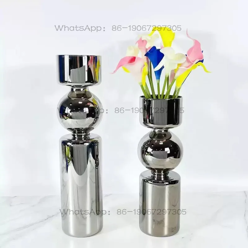 Glass Mirror Vase Ornament Model Room Hotel Living Room Flower Ware Light Luxury Electroplated Silver Flower Insert