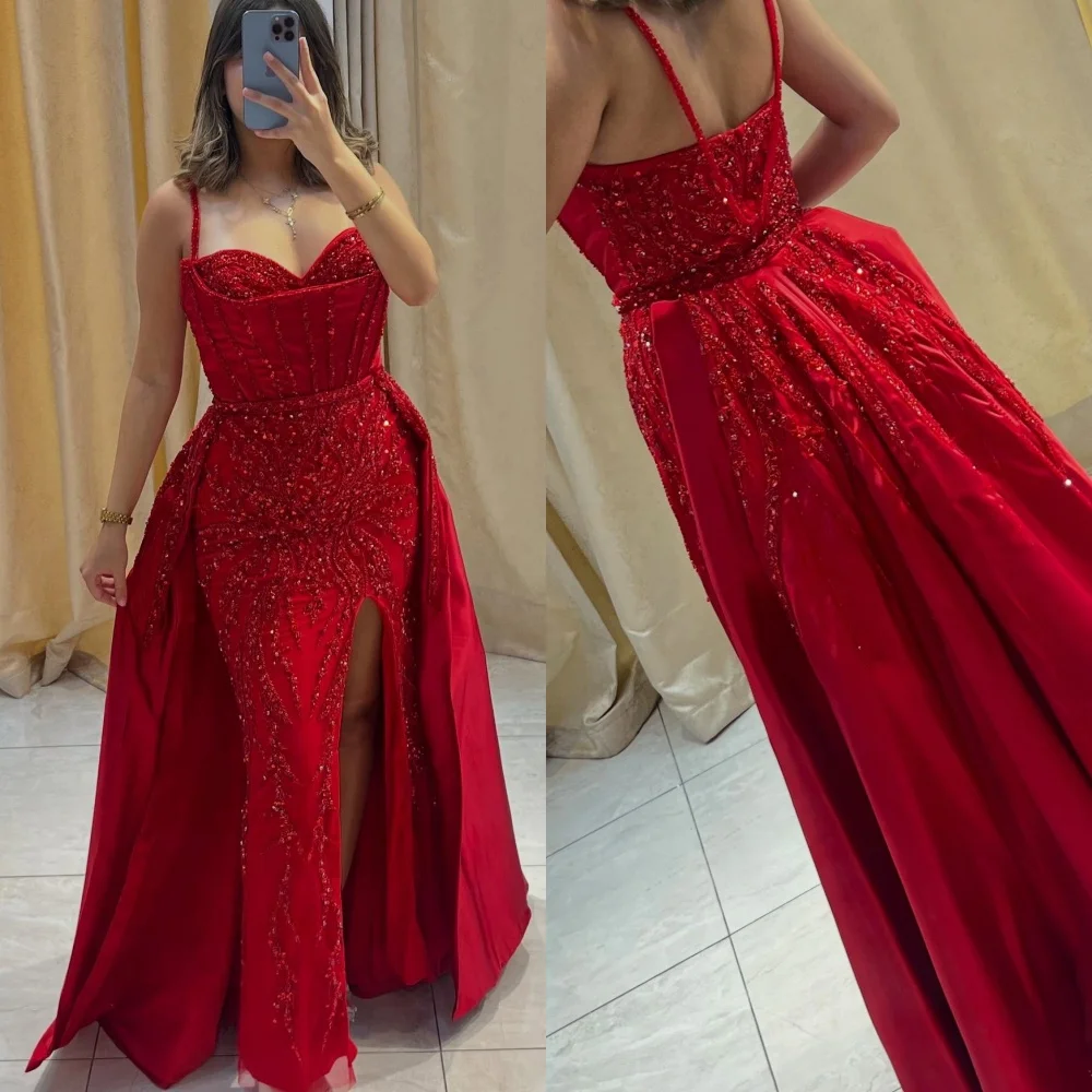 

Customized Exquisite Elegant Charmeuse Sequined Ruched A-line Spaghetti strap Long Dresses Bespoke Occasion Dresses Matching