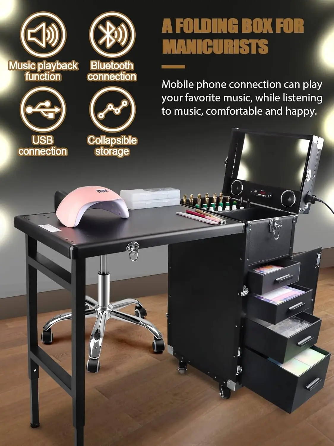 Manicure Table Nail Desk Makeup Train Case Workstation, Travel Cosmetic Trolley Storage Organizer Foldable Nail Tables